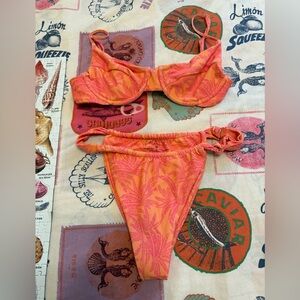Skatie Orange & Pink Palm-Print Bikini M bottom XS top